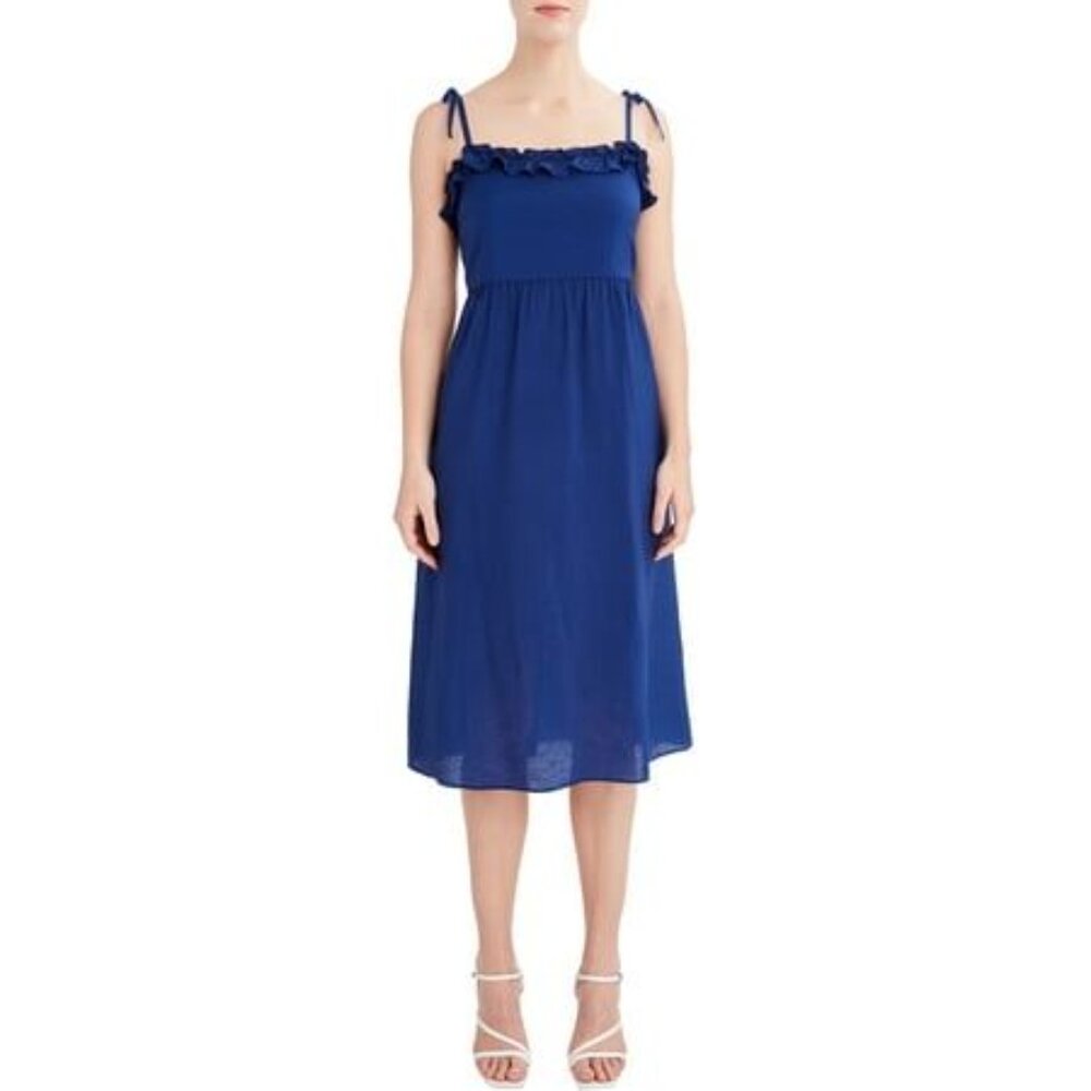 BCBG Paris Womens Royal Blue Ruffle Tie Shoulder Empire Waist Midi Dress Small